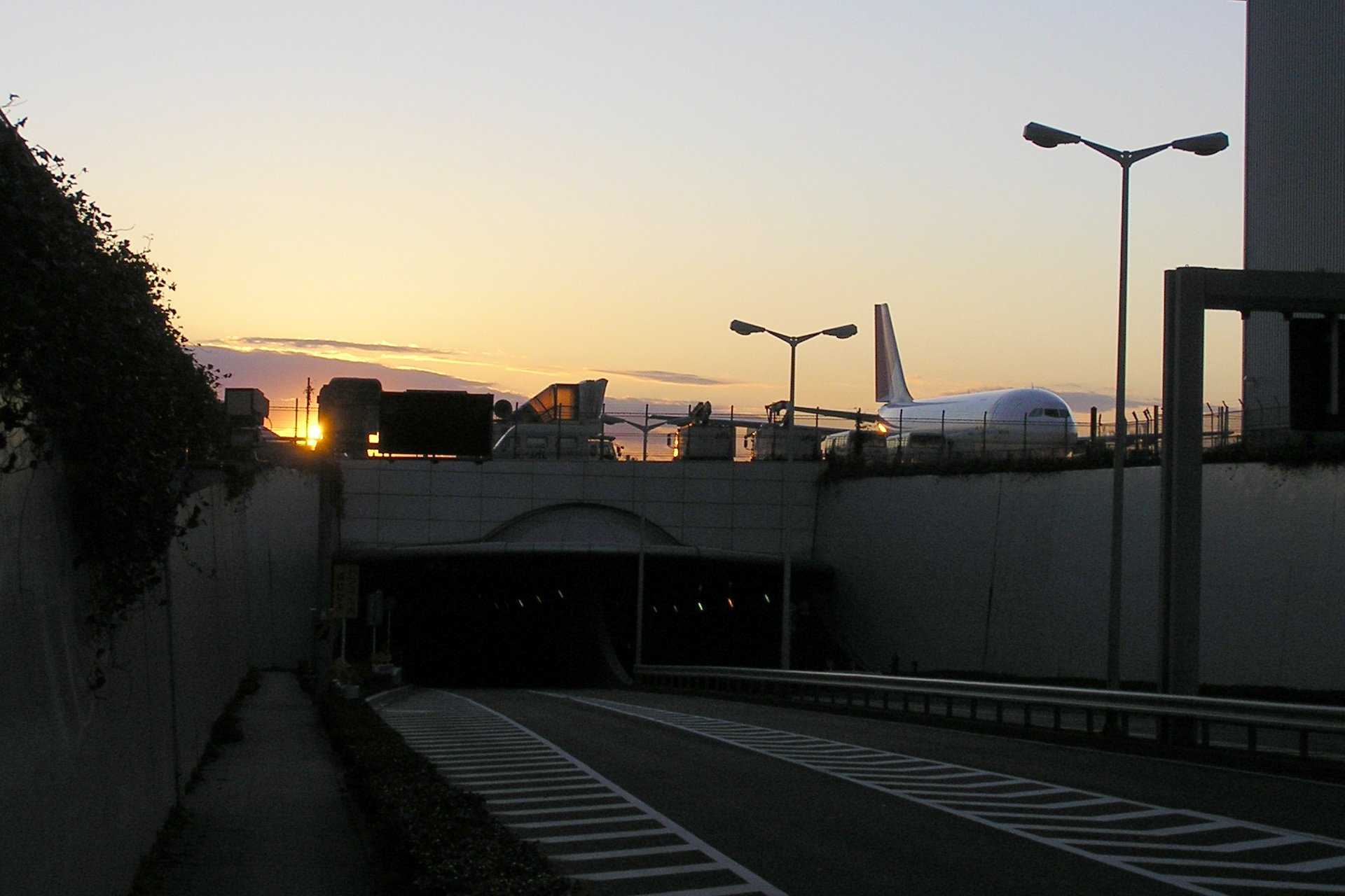 夕日に染まる旅客機