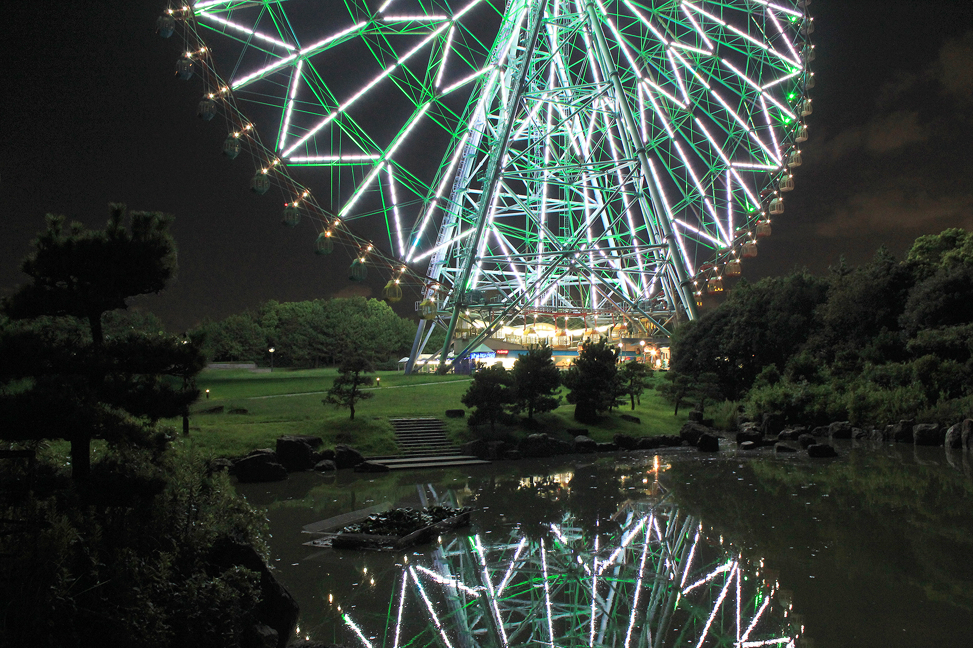 池に映る夜の大観覧車